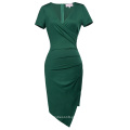 Belle Poque manga curta em forma de pescoço asimétrico em forma de quadril vestido verde escuro Bodycon Pencil BP000363-3